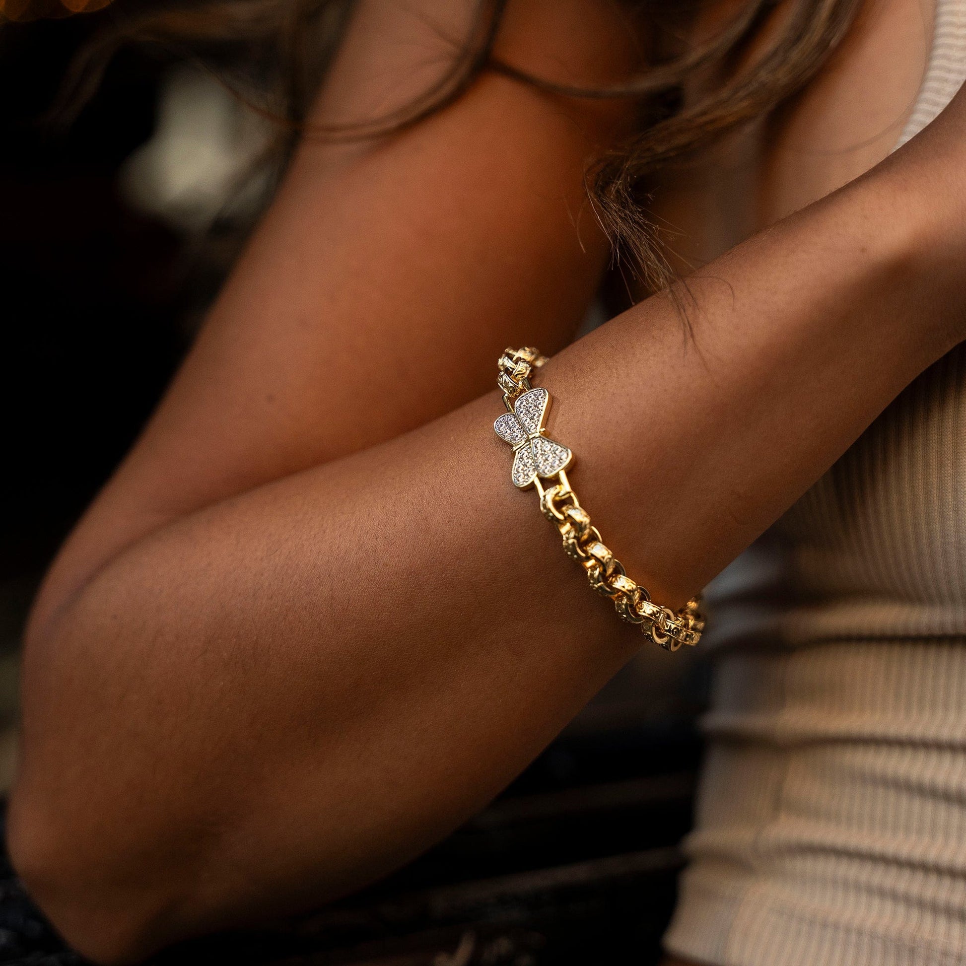 Super Iced-Out Sparkle Bracelets Diamond Butterfly Belcher Bracelet 8mm - Gold