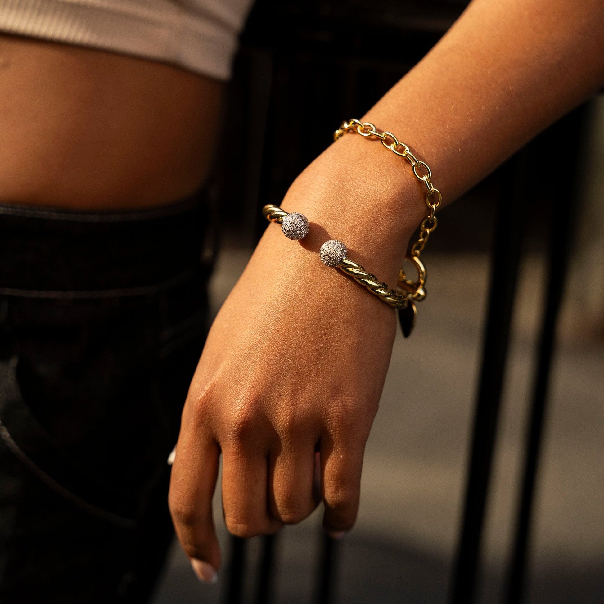 Perfect for Stacking Bracelets Gold / 7" to 8" Twisted Diamond Ball Torque Bangle 5mm - Gold