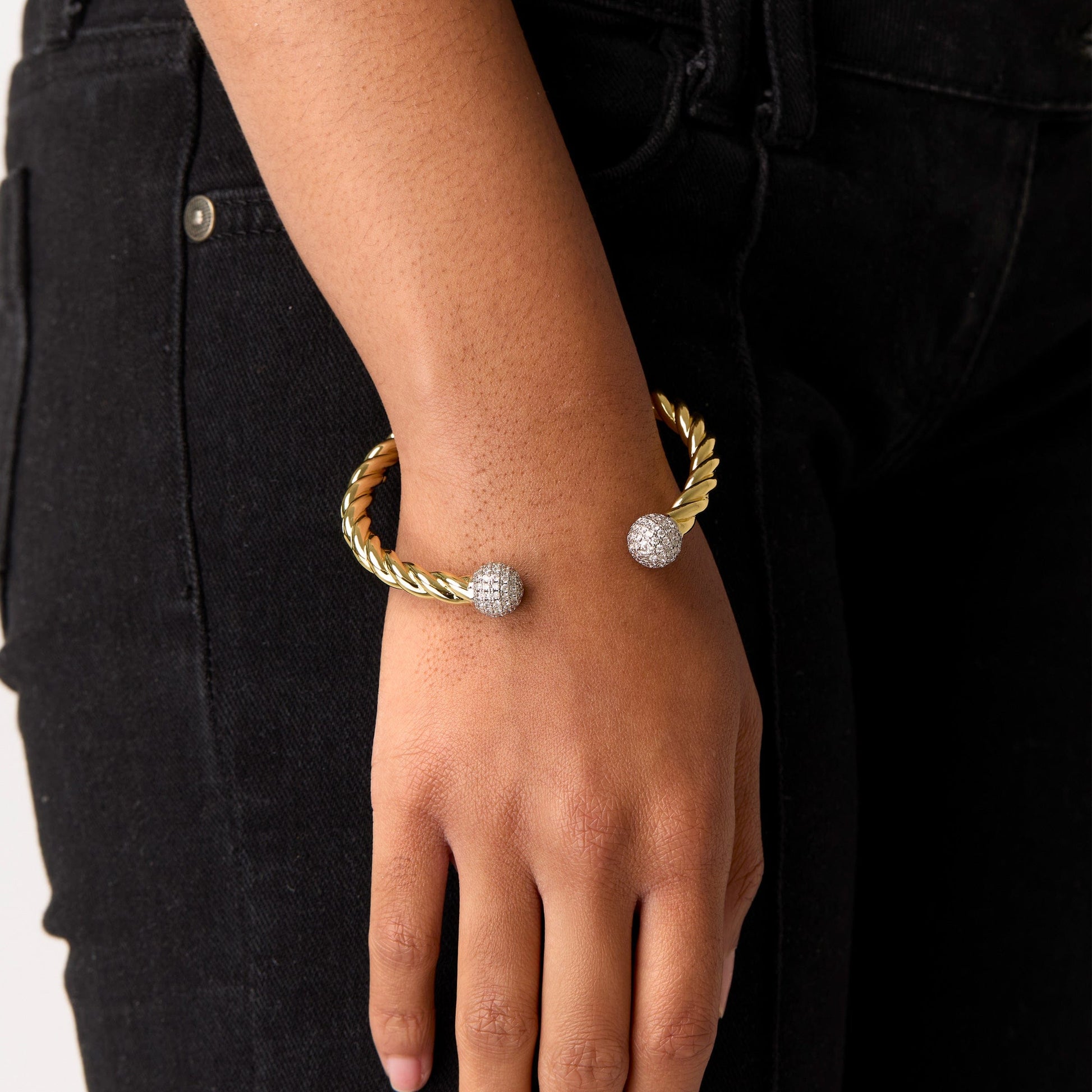 Perfect for Stacking Bracelets Gold / 7" to 8" Twisted Diamond Ball Torque Bangle 5mm - Gold